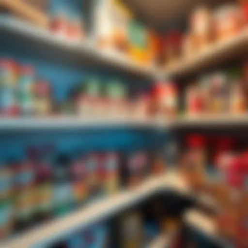 Well-Stocked Pantry Shelves An organized food pantry shelf displaying a variety of canned goods and dry food items.