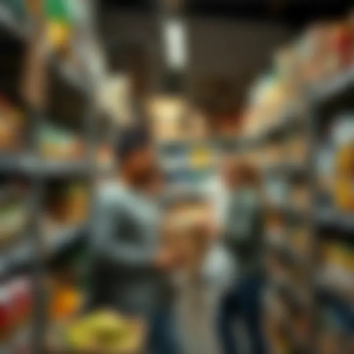 Community Effort in Food Distribution Volunteers working together to manage and restock food items on pantry shelves.