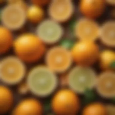 A vibrant display of citrus fruits like oranges and lemons.