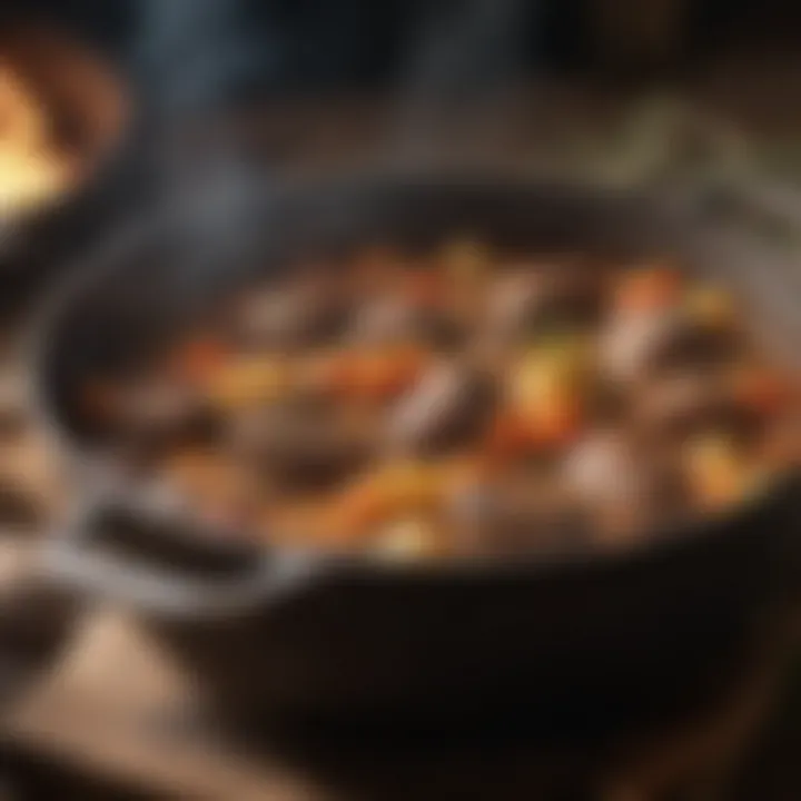 Close-up of a rustic Dutch oven filled with a hearty stew.