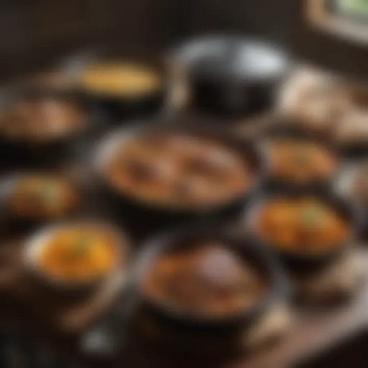 A beautifully arranged table with a variety of Dutch oven dishes.