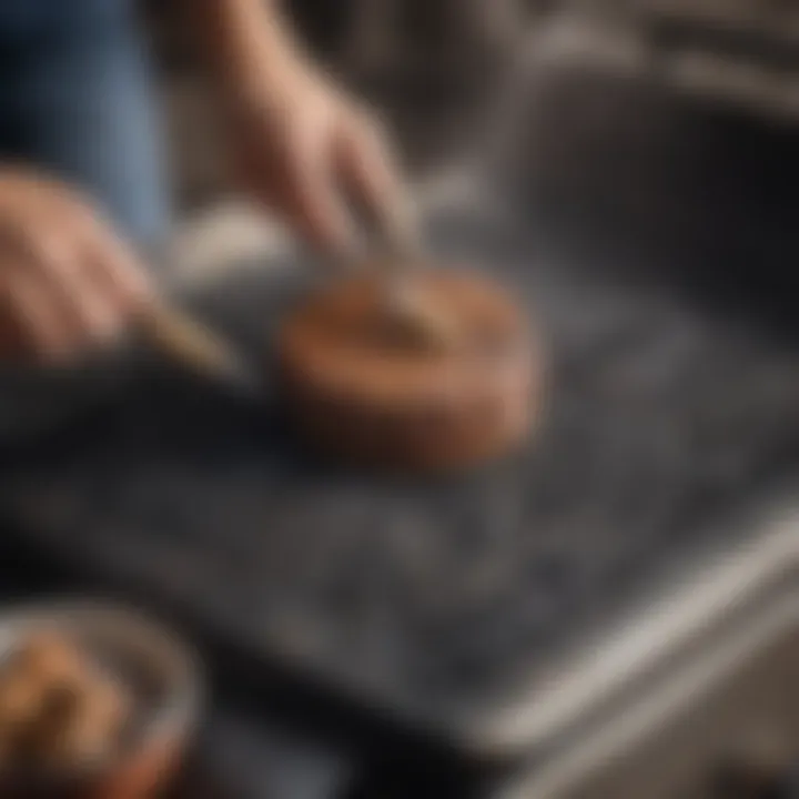 Person using a brush to scrub a grill pad