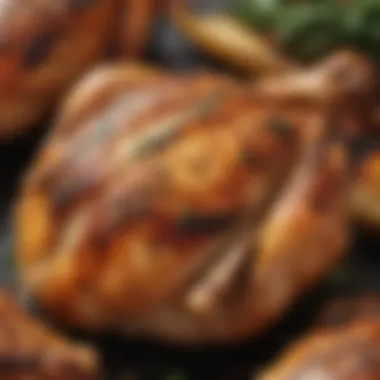 A close-up of grilled chicken showcasing a perfectly seasoned crust