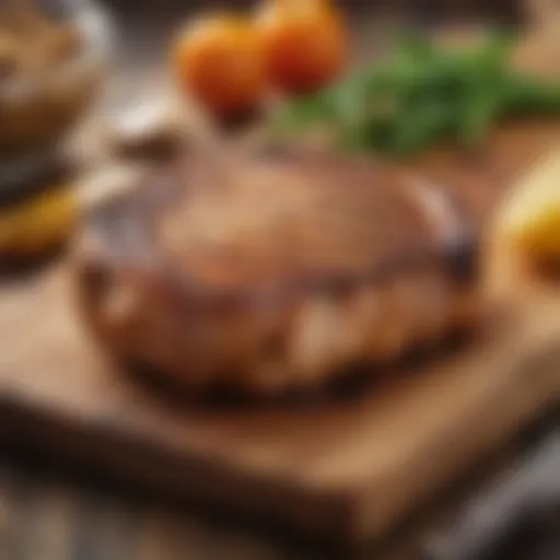 Perfectly grilled pork chop resting on a wooden board
