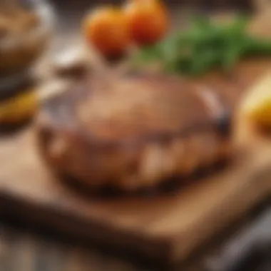 Perfectly Grilled Pork Chop Perfectly grilled pork chop resting on a wooden board