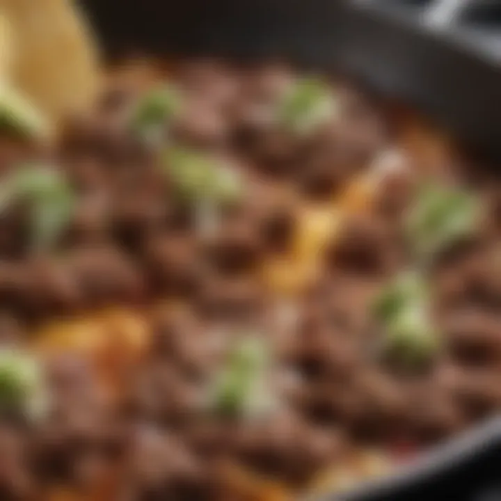 A close-up of seasoned ground beef sizzling in a skillet