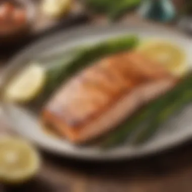 A beautifully arranged plate of grilled salmon with asparagus and lemon, representing a protein-rich dinner option.