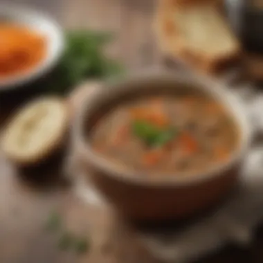 A hearty lentil soup garnished with herbs, emphasizing a wholesome and comforting meal.