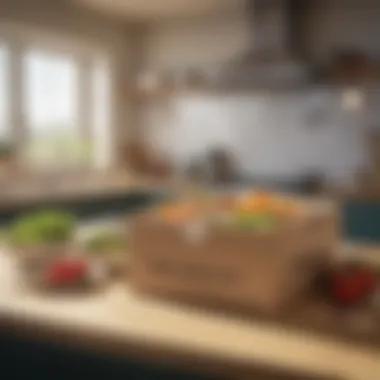 A modern kitchen with a delivery box of healthy meals