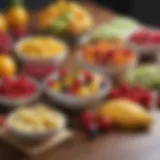 A vibrant assortment of colorful fruits arranged on a desk, ready for a refreshing snack.