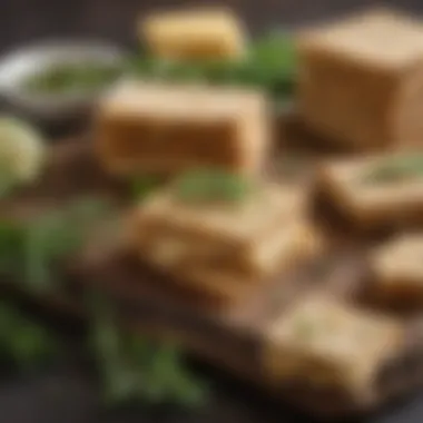 Savory Whole Grain Crackers with Cheese and Herbs A delightful spread of whole grain crackers accompanied by cheese and fresh herbs, showcasing a savory snack option.