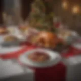 Elegant holiday dinner setting with a festive tablecloth and decorations