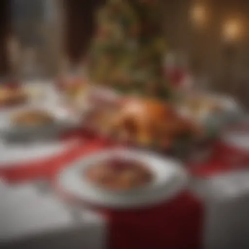 Elegant holiday dinner setting with a festive tablecloth and decorations