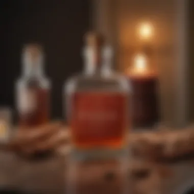 Homemade Cinnamon Whiskey Display A rich amber bottle showcasing homemade cinnamon whiskey, adorned with a cinnamon stick and cloves.