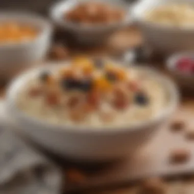 A bowl of creamy oatmeal topped with nuts and dried fruits.