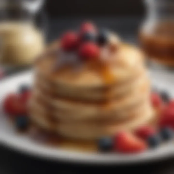 A plate of fluffy pancakes drizzled with maple syrup and topped with berries.