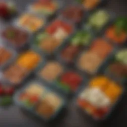 A colorful array of meal prep containers filled with various healthy dishes