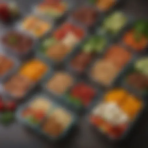 A colorful array of meal prep containers filled with various healthy dishes