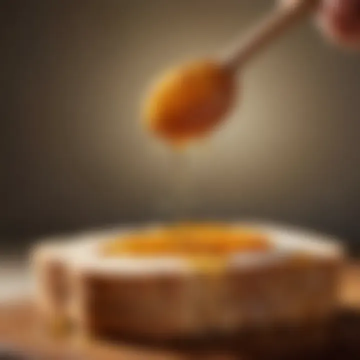 A spoonful of honey dripping onto a slice of bread