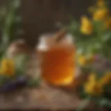 A jar of honey surrounded by various herbs and flowers