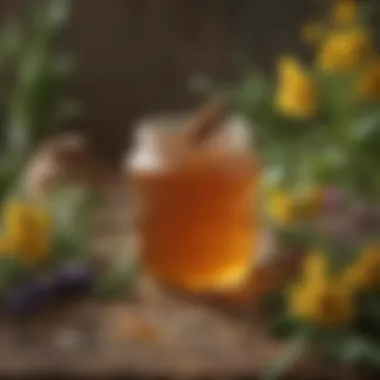 A jar of honey surrounded by various herbs and flowers