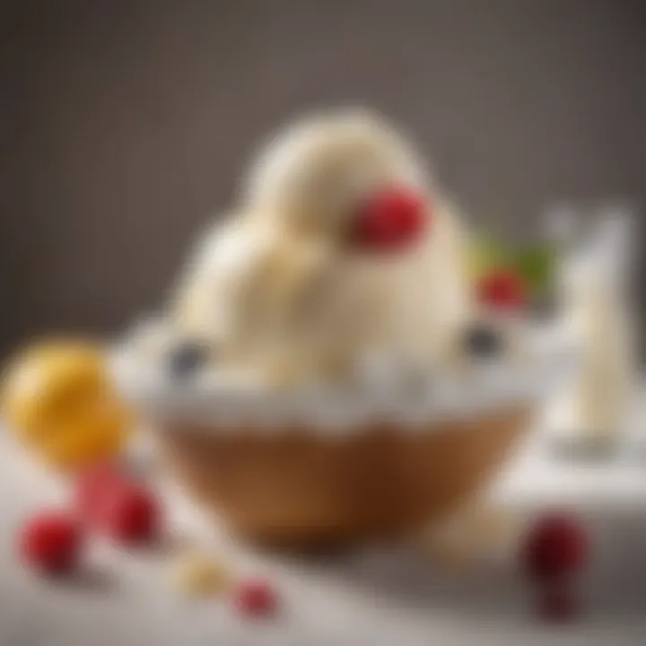 A bowl of creamy coconut-based ice cream topped with fresh fruits