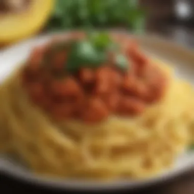 Bowl of spaghetti squash topped with marinara sauce and herbs