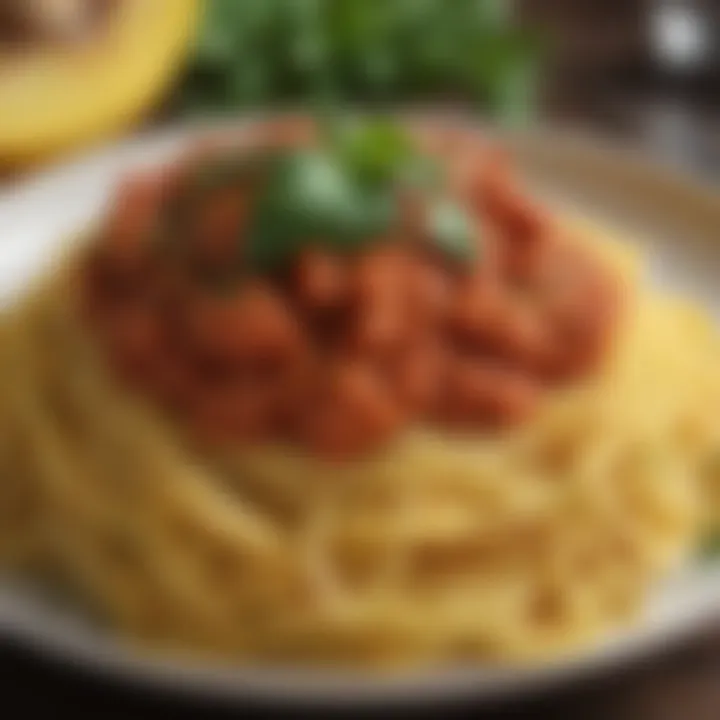 Bowl of spaghetti squash topped with marinara sauce and herbs