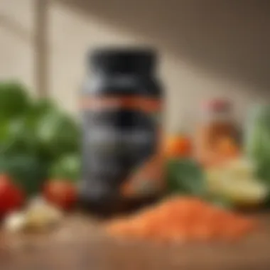 Close-up of a protein supplement bottle surrounded by fresh ingredients