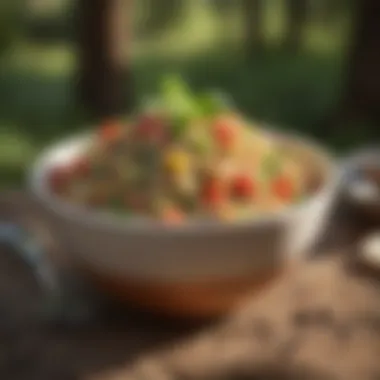 A delicious quinoa salad served in a camping bowl with nature backdrop