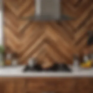 Rustic wooden chevron backsplash adding warmth to a cozy kitchen