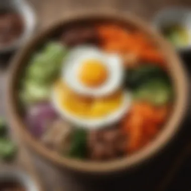 Korean Bibimbap Bowl A vibrant Korean bibimbap bowl, showcasing colorful vegetables and a fried egg
