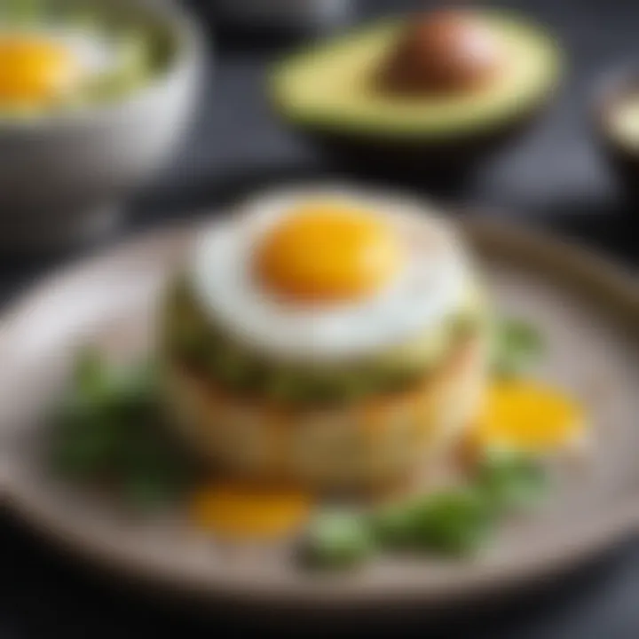 A savory rice cake adorned with avocado and poached egg