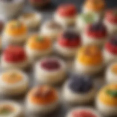 A colorful assortment of rice cakes with various spreads and toppings