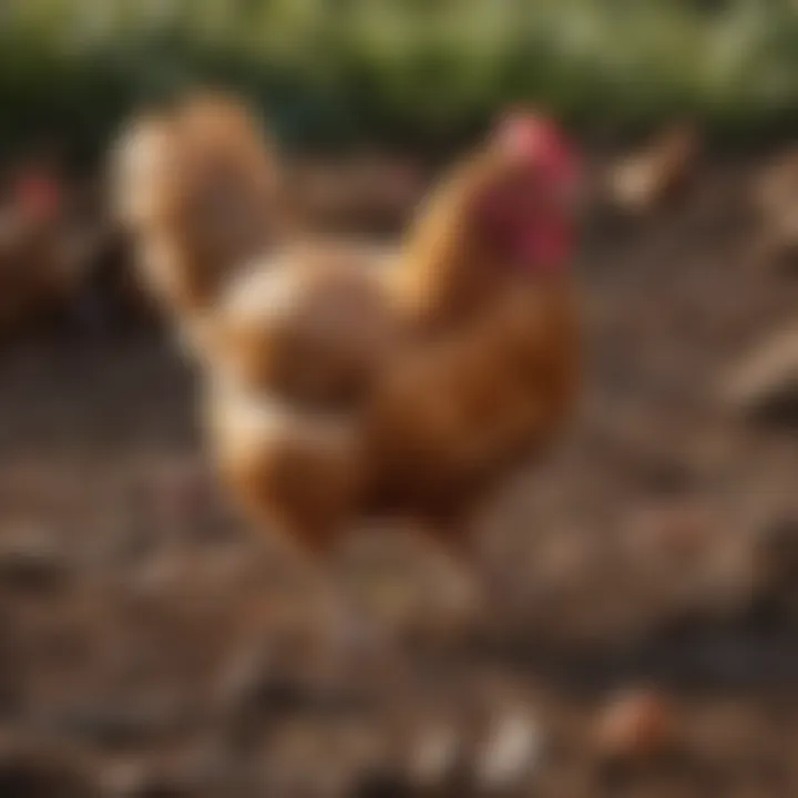 Close-up of a free range chicken pecking at the ground