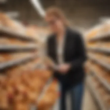 A consumer examining a free range chicken label in a grocery store