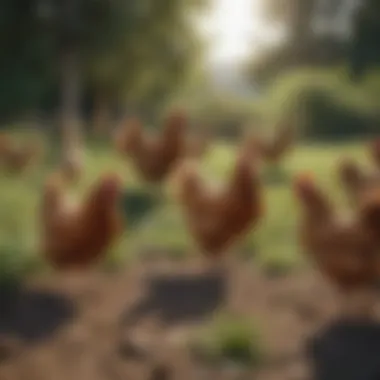 A serene farm landscape showcasing free range chickens roaming freely