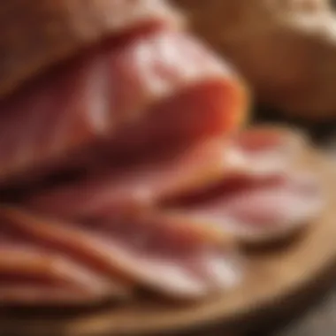 Close-Up of Jamón Serrano A close-up of Jamón Serrano highlighting its texture and color