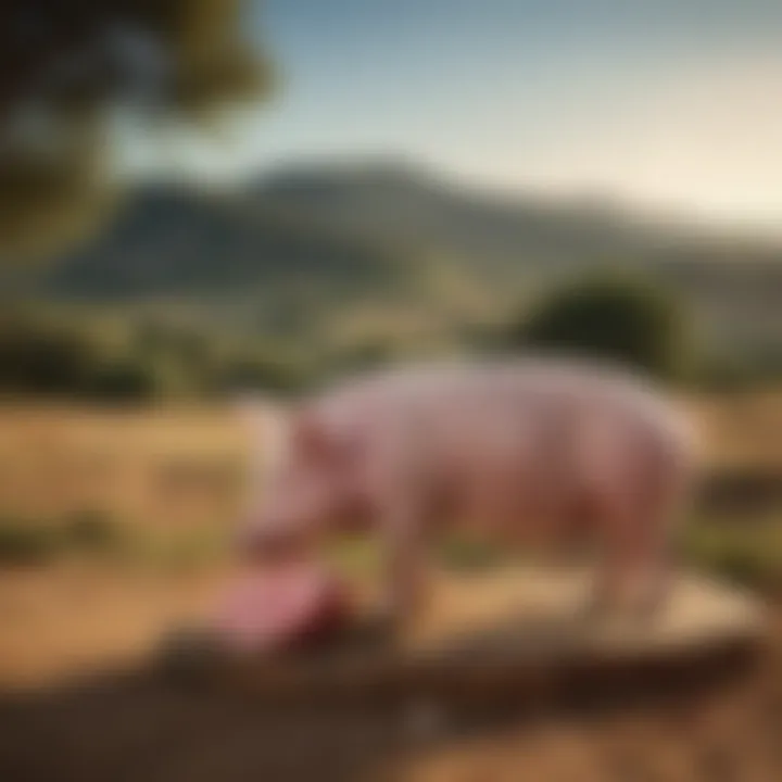 Traditional Spanish landscape featuring a pig grazing