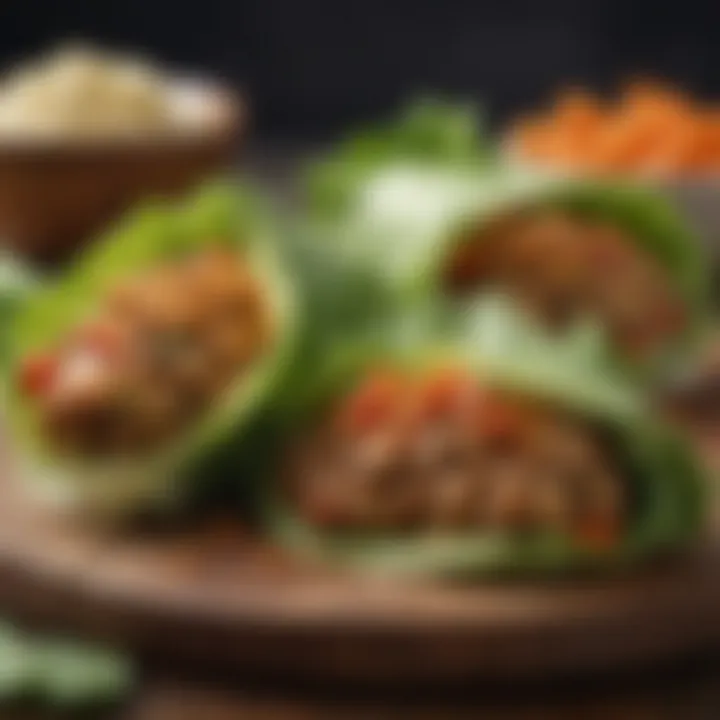 A close-up of a nutritious lettuce wrap filled with vegetables and healthy proteins