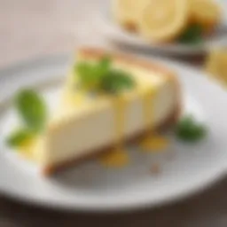 A slice of limoncello cheesecake garnished with fresh lemon zest and mint leaves