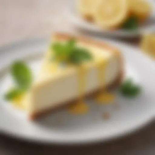 A slice of limoncello cheesecake garnished with fresh lemon zest and mint leaves