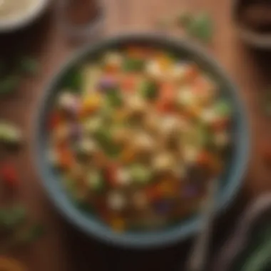 A hearty bowl of cauliflower rice stir-fried with colorful vegetables and spices.