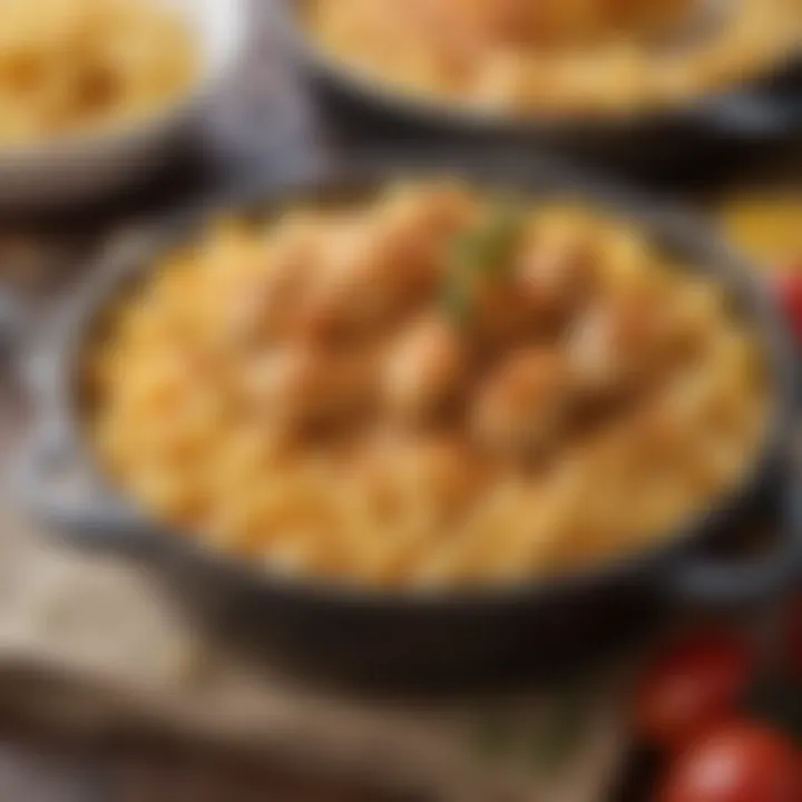 A close-up view showcasing the creamy texture of mac and cheese with grilled chicken