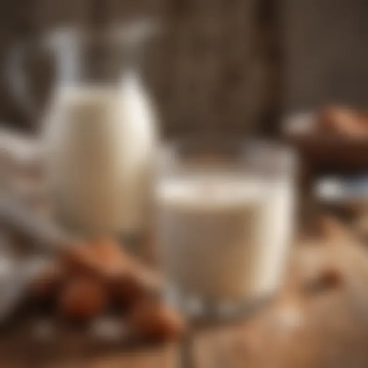 A glass of creamy almond milk on a wooden table.