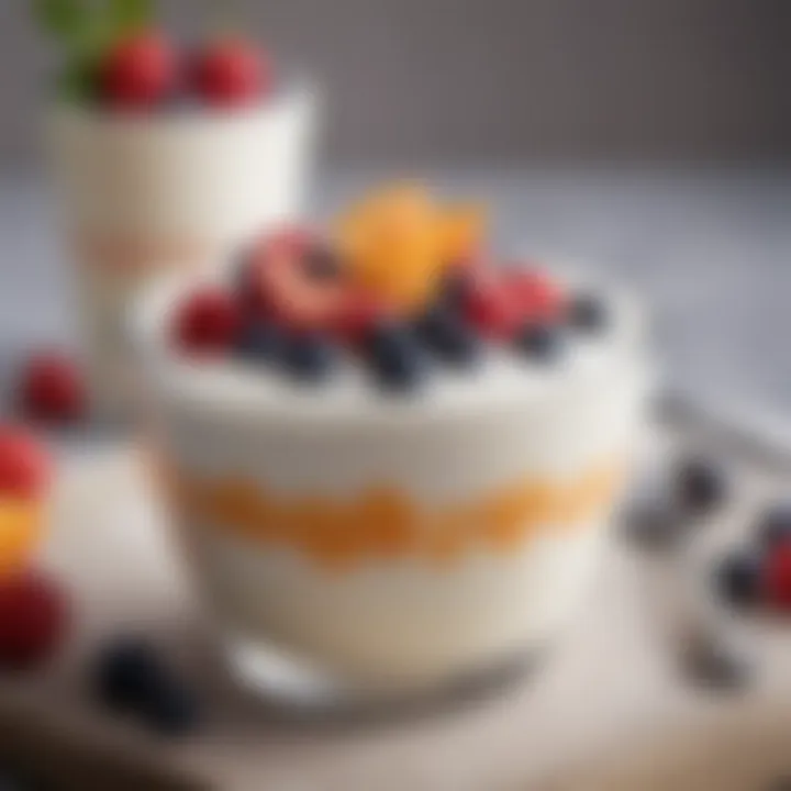 A beautifully set bowl of homemade yogurt garnished with fruits.