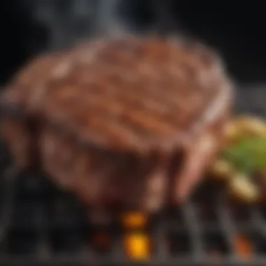Sizzling ribeye steak on a grill with smoke rising