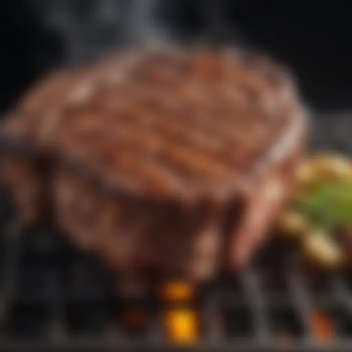 Sizzling ribeye steak on a grill with smoke rising