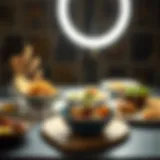 Artistic arrangement of gourmet dishes illuminated by a ring light