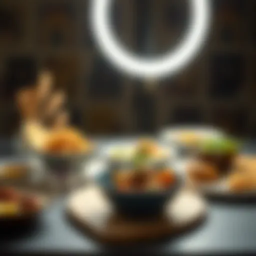 Artistic arrangement of gourmet dishes illuminated by a ring light